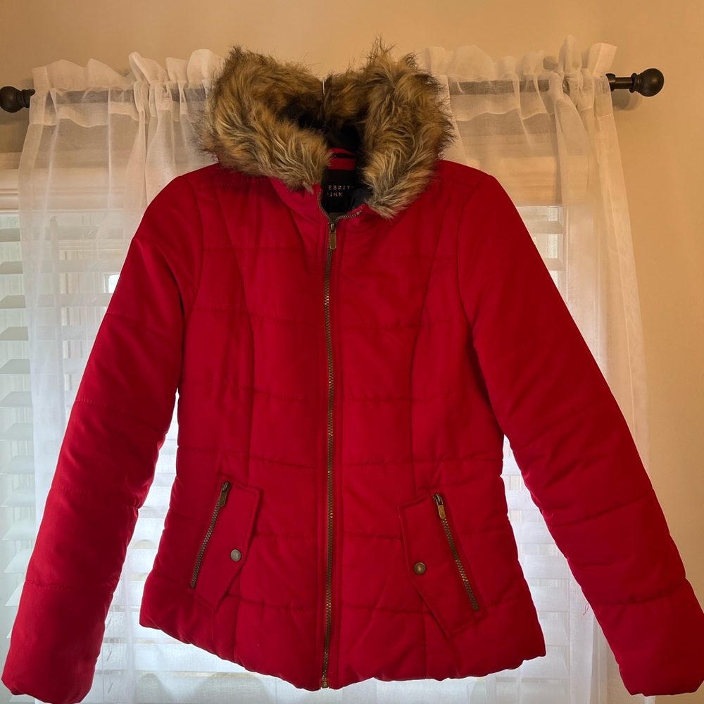 Women’s winter jacket, red, faux fur hood